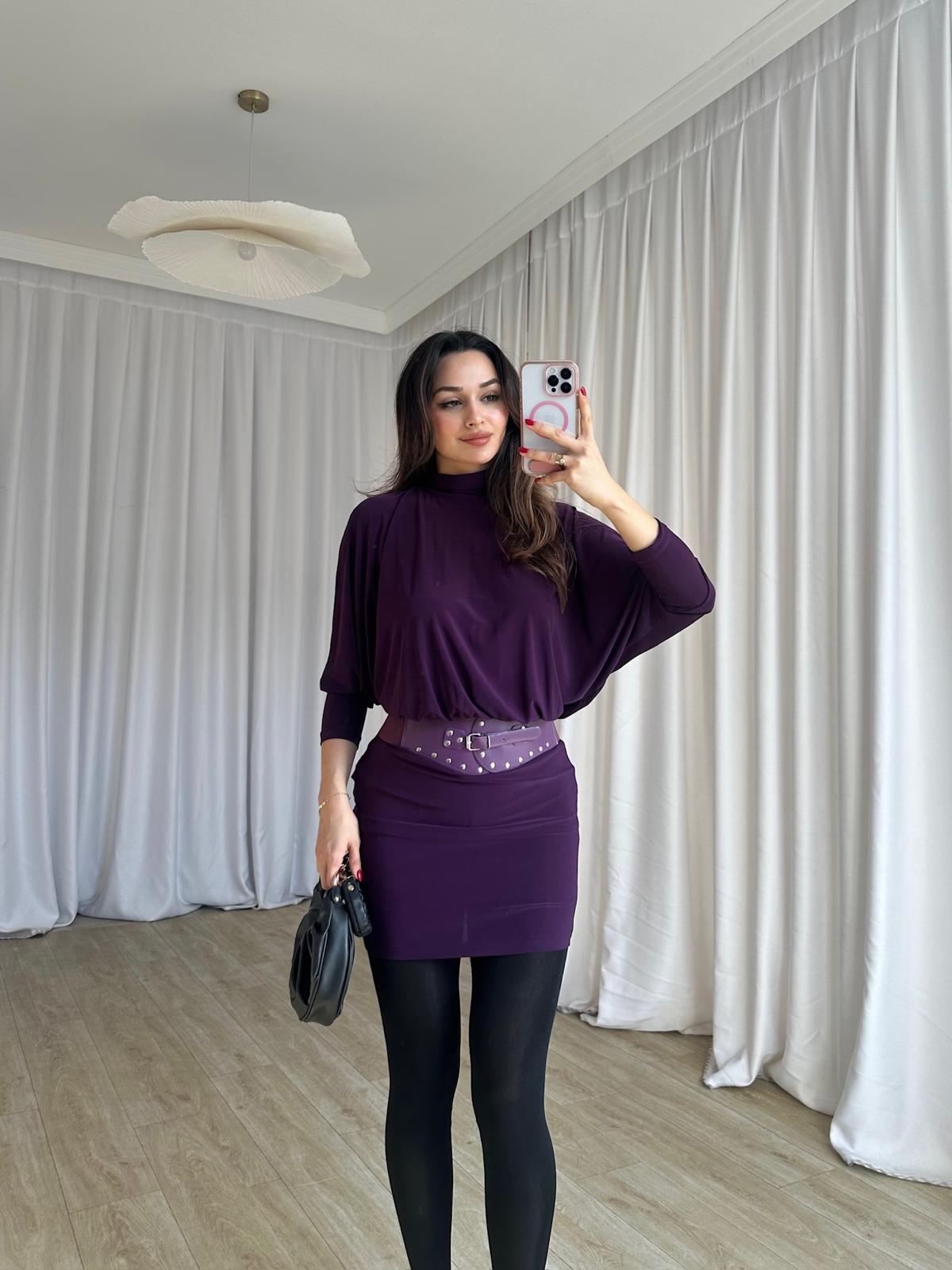 PİXİE Kemerli Mini Elbise 4725 - Mor