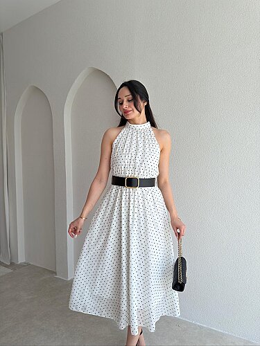 POİNT Kemerli Midi Elbise 2039 - Beyaz - Mooi Butik
