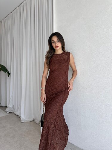  POİSON Maxi Elbise 8482 - Acı Kahve - Mooi