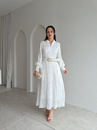 POLENA Desenli Midi Elbise 4159 - Beyaz - Mooi Butik