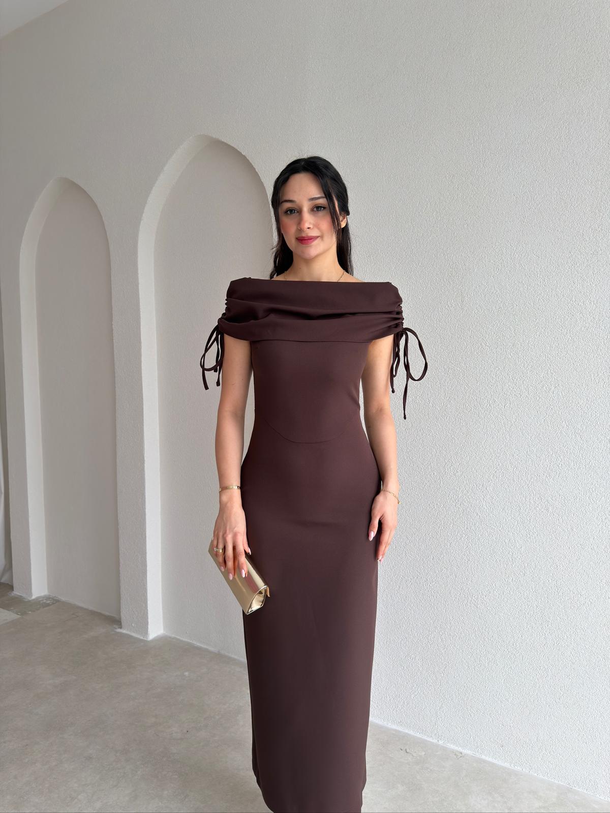 PONZA Yaka Detaylı Midi Elbise 4928 - Acı Kahve