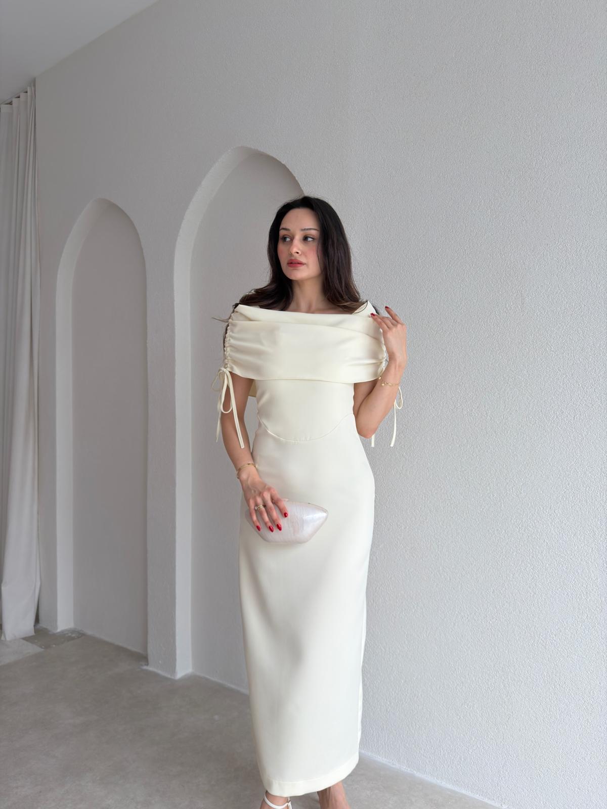 PONZA Yaka Detaylı Midi Elbise 4928 - Sarı