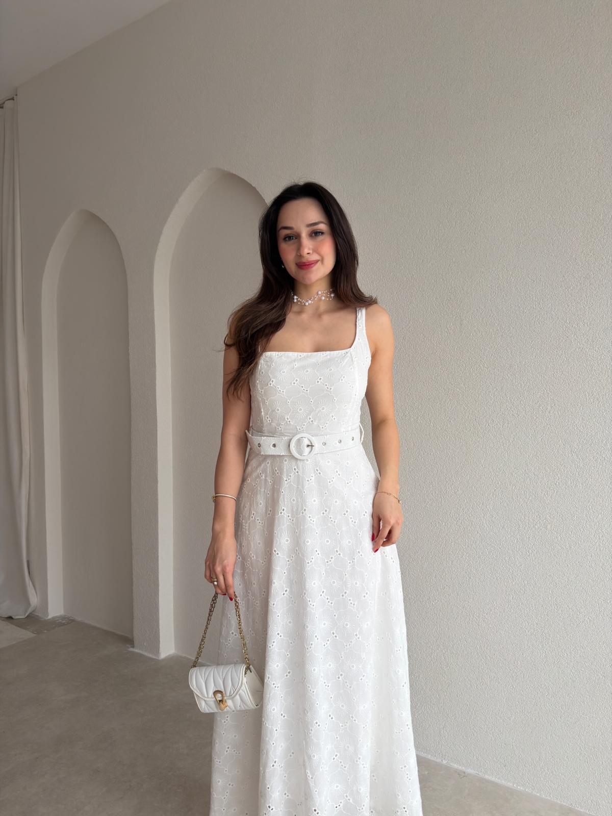 POWER Kemerli Fisto Midi Elbise 9073 - Beyaz
