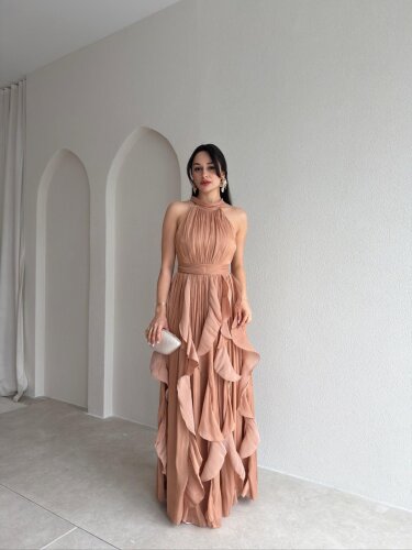 REBECA Halter Yaka Maxi Elbise 3772 - Vizon - Mooi Butik