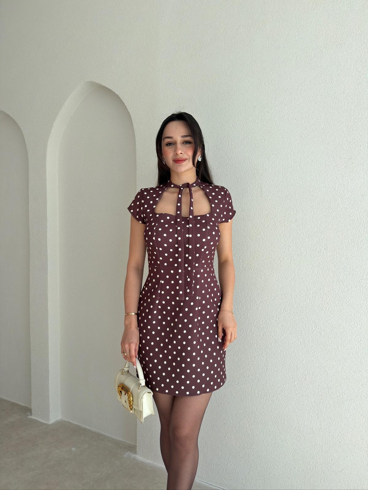 RONEY Puantiyeli Mini Elbise 9023 - Acı Kahve