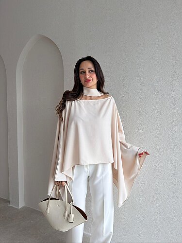 Şal Parçalı Bluz 8991 - Krem Rengi - Mooi Butik