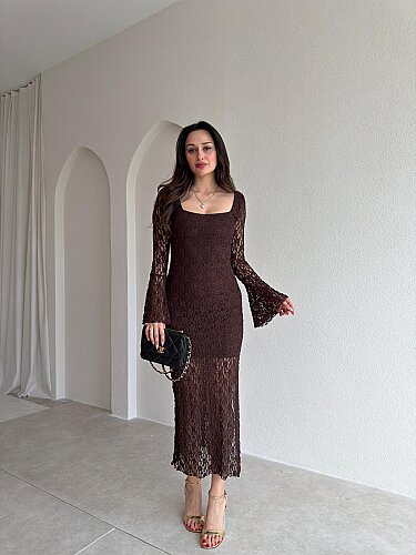 SANCHEZ Dantelli Midi Elbise 8911 - Acı Kahve - Mooi Butik