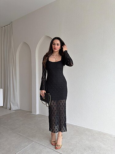 SANCHEZ Dantelli Midi Elbise 8911 - Siyah - Mooi Butik