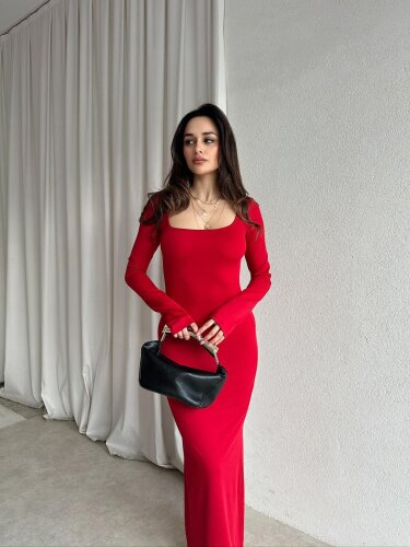 SANGRİA Maxi Kare Yaka Elbise 8261 - Kırmızı - Mooi Butik