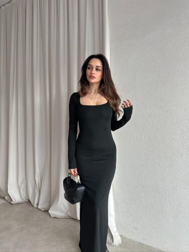 SANGRİA Maxi Kare Yaka Elbise 8261 - Siyah - Mooi Butik