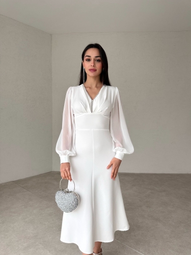 Şifon Detaylı Midi MERTON Elbise 3992 - Beyaz - Mooi Butik