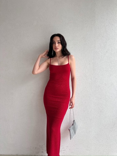 Simli MONİKA Maxi Elbise 9977 - Kırmızı - Mooi Butik