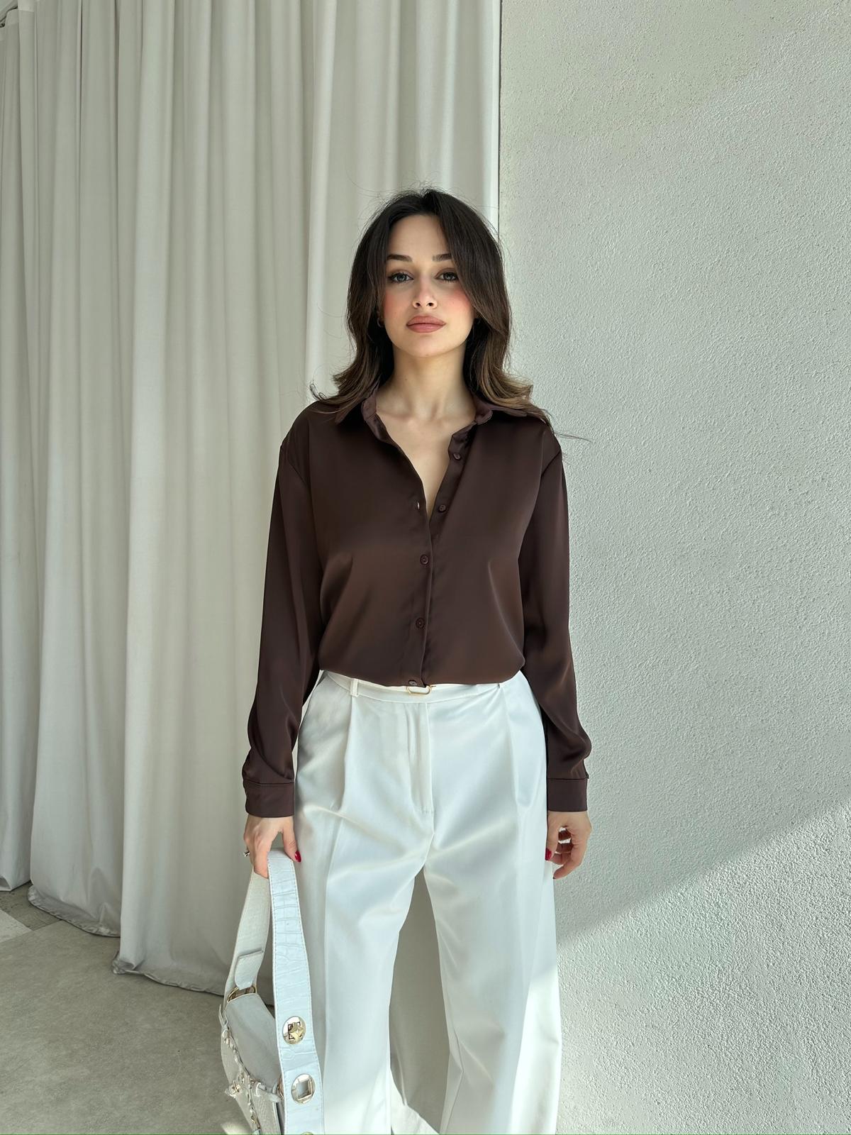 SİMPLE Saten Gömlek 8674 - Acı Kahve