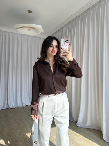 SİMPLE Saten Gömlek 8674 - Acı Kahve - 4