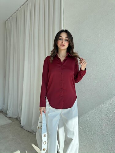SİMPLE Saten Gömlek 8674 - Bordo - 1