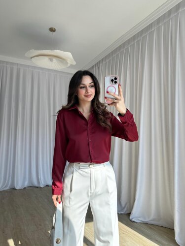 SİMPLE Saten Gömlek 8674 - Bordo - 4