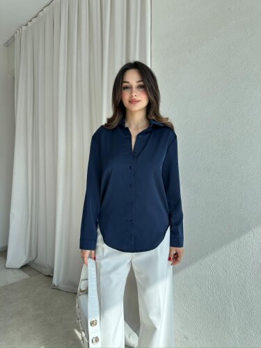 SİMPLE Saten Gömlek 8674 - Lacivert - 1