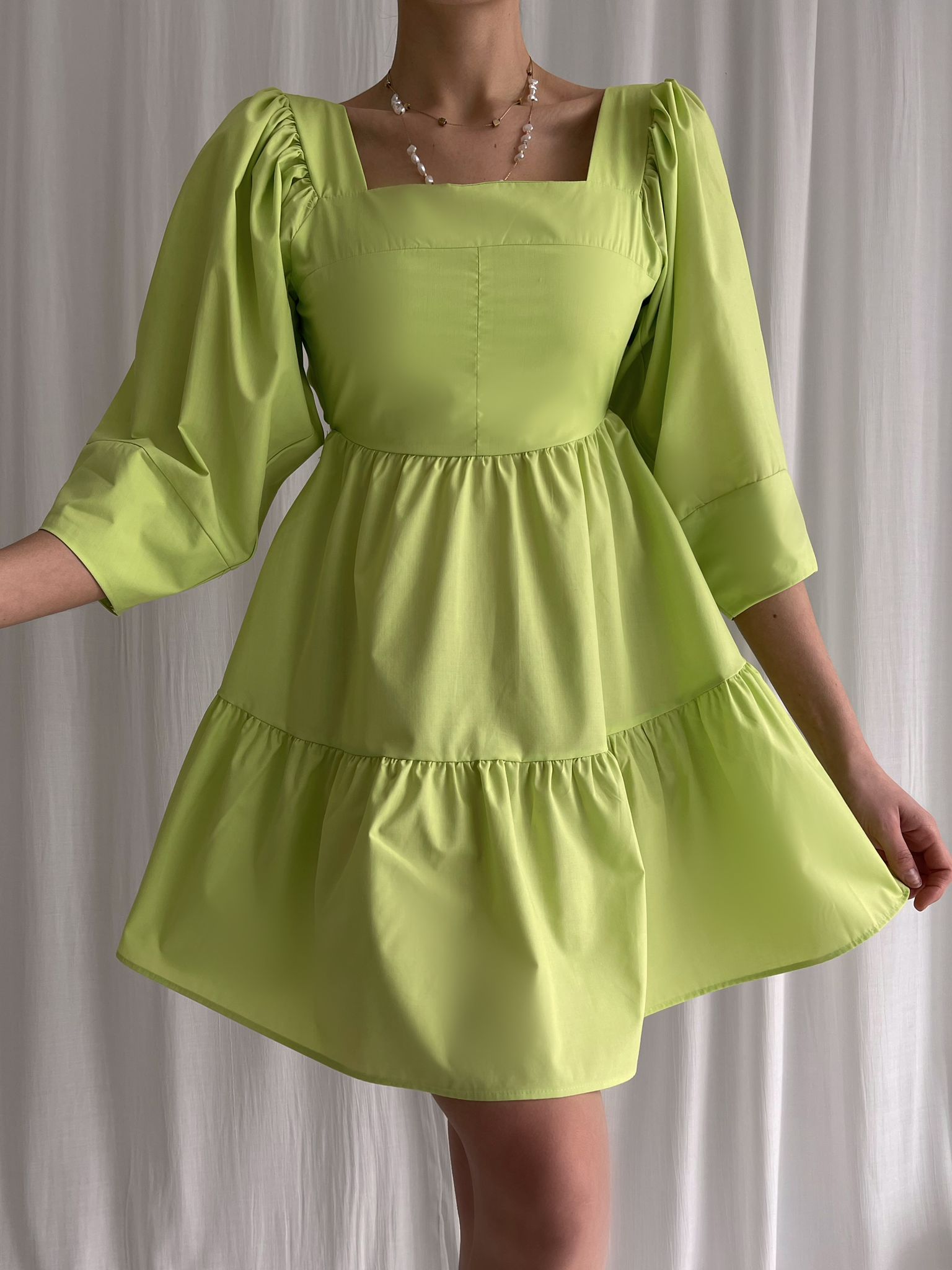 Sırtı Bağlama Detaylı Poplin Spring Elbise - Yeşil