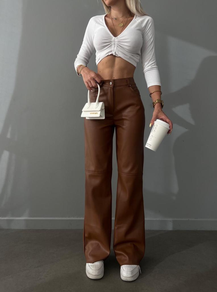 Flared Leg Leather Dulce Trousers - Brown