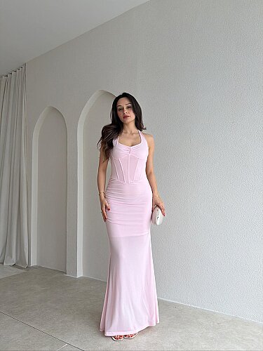  STRADA Korse Detaylı Maxi Elbise 4361 - Pembe - Mooi Butik