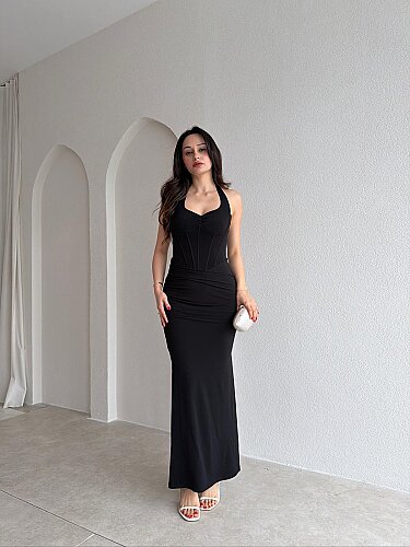 STRADA Korse Detaylı Maxi Elbise 4361 - Siyah - Mooi Butik