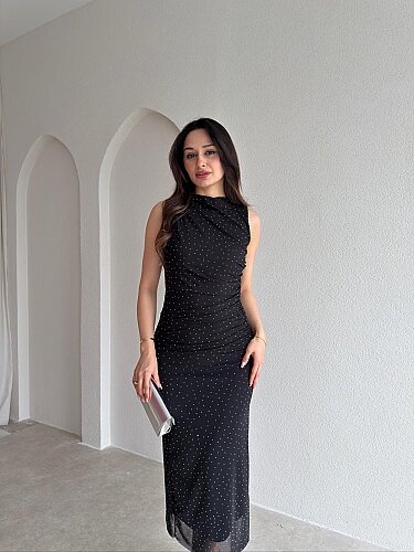 STUART Taşlı Midi Elbise 7473 - Siyah - Mooi Butik