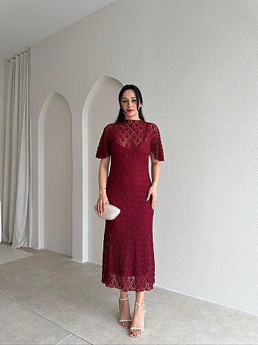 SUZİE Midi Elbise 8937- Bordo - Mooi Butik