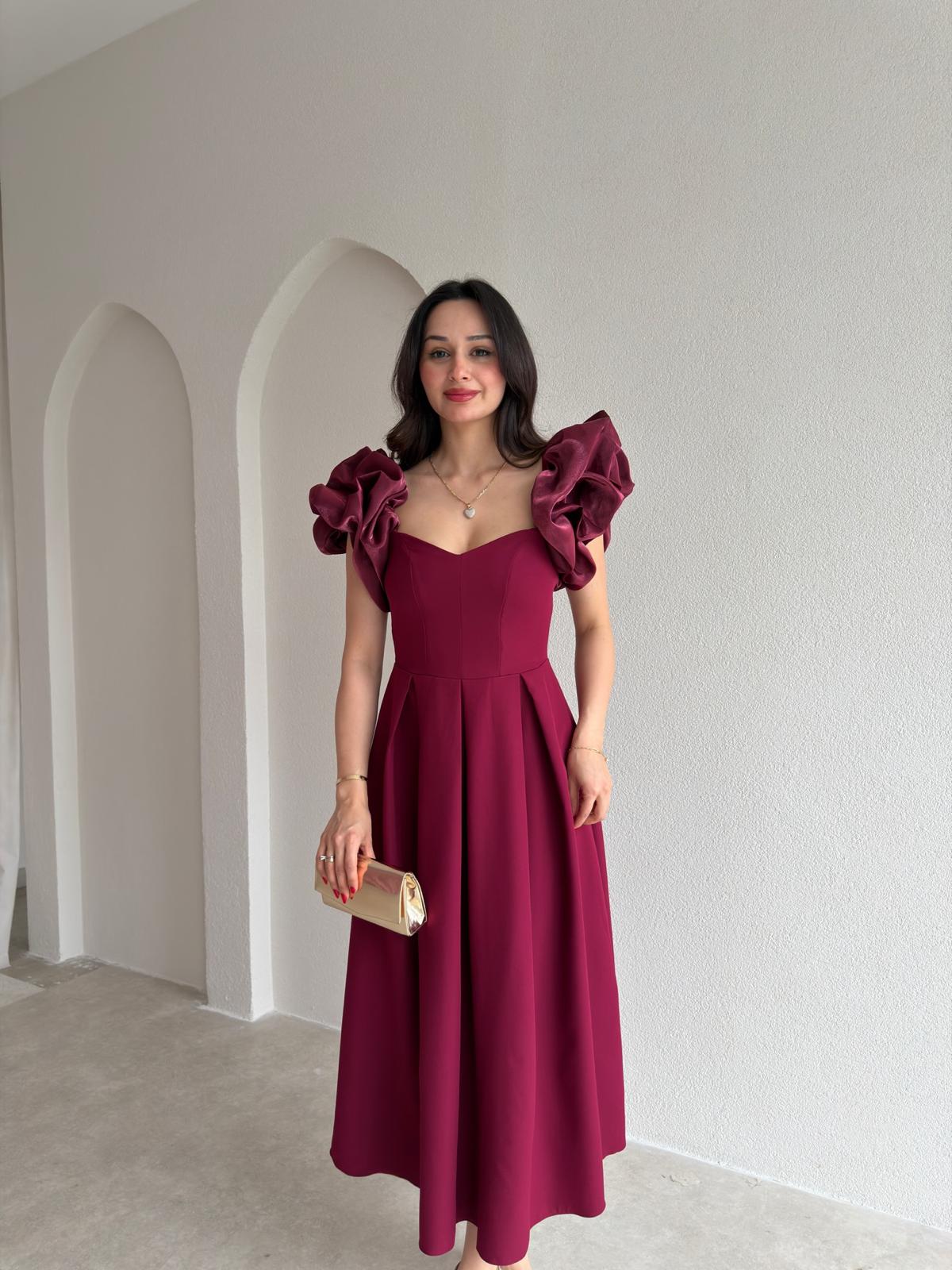 TARELLA Kolu Volanlı Midi Elbise 0287 - Bordo