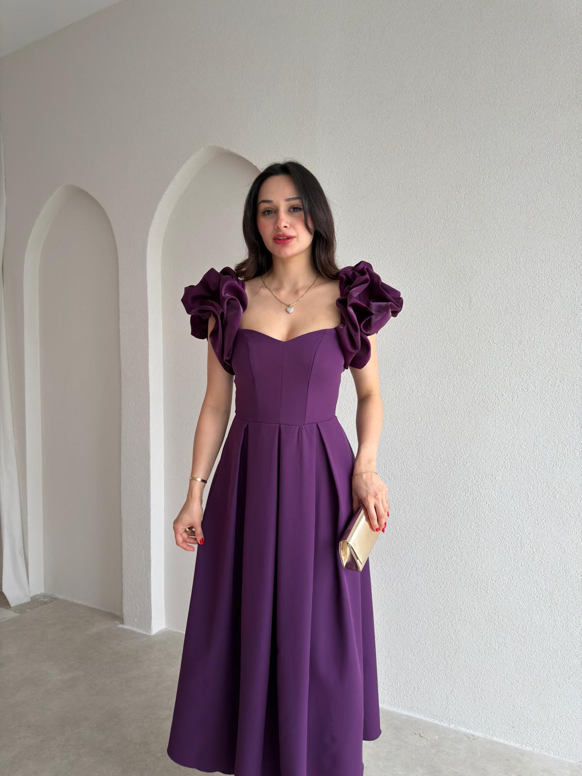 TARELLA Kolu Volanlı Midi Elbise 0287 - Mor