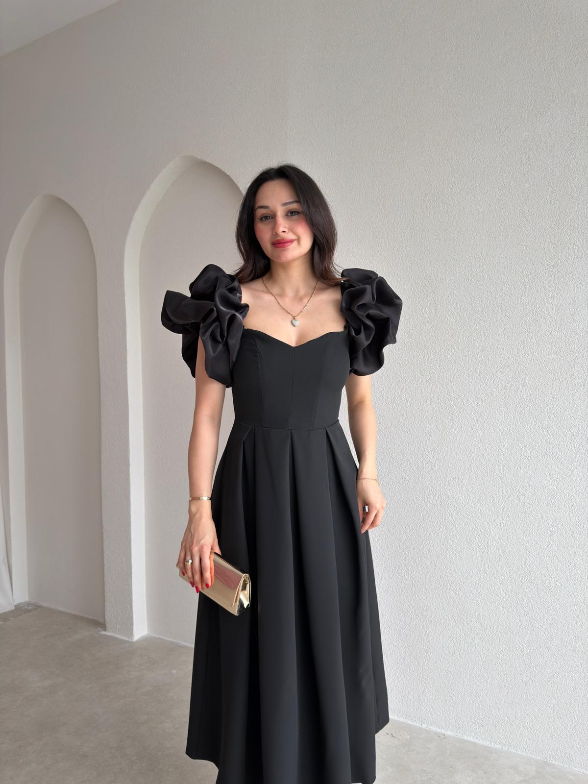 TARELLA Kolu Volanlı Midi Elbise 0287 - Siyah