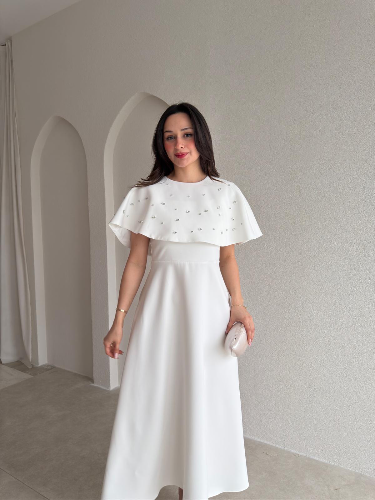  TATE Taşlı Pelerinli Midi Elbise 4387 - Beyaz
