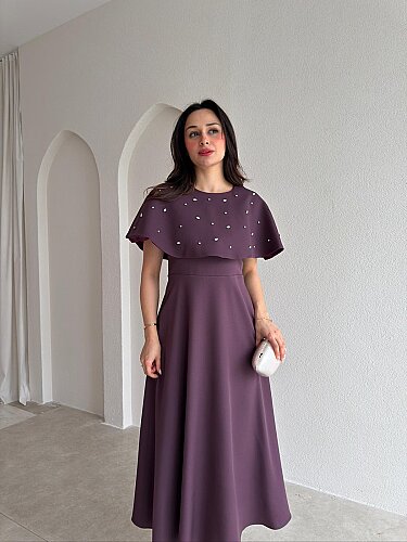 TATE Taşlı Pelerinli Midi Elbise 4387 - Mor