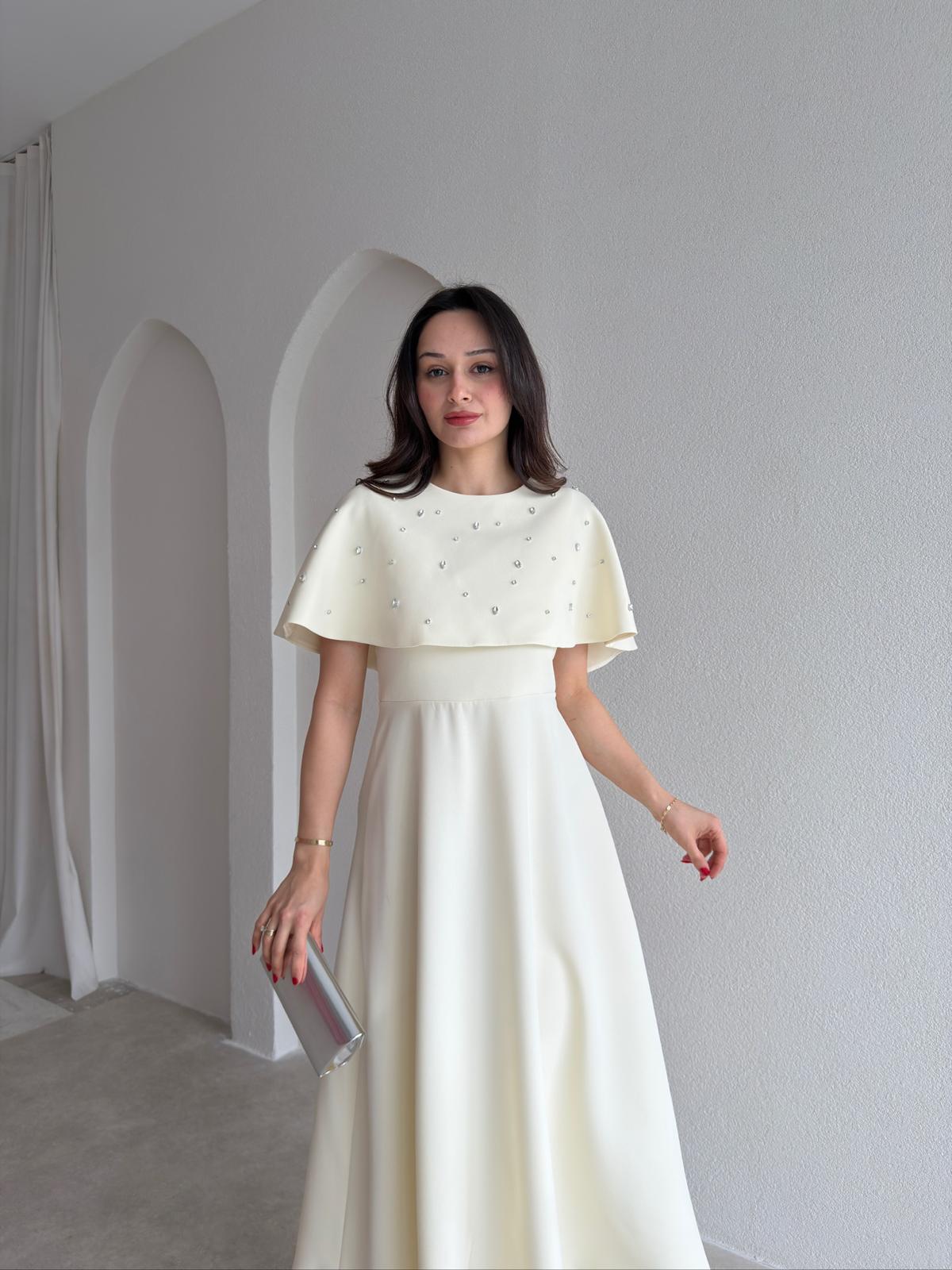  TATE Taşlı Pelerinli Midi Elbise 4387 - Sarı