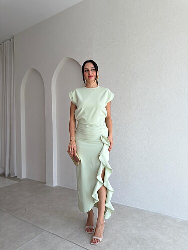 THALİA Yırtmaç Detaylı Midi Elbise 9867 - Mint - Mooi Butik