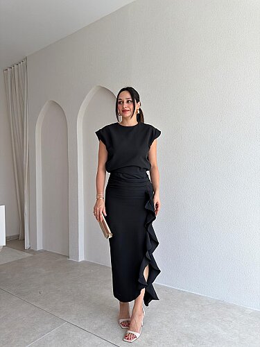 THALİA Yırtmaç Detaylı Midi Elbise 9867 - Siyah - Mooi Butik