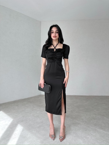 Tie Detailed POEMO Dress 2103 - Black - 2