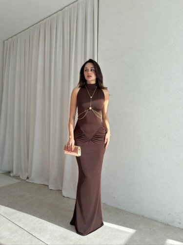 TOMY Aksesuarlı Maxi Elbise 1698 - Acı Kahve - Mooi Butik