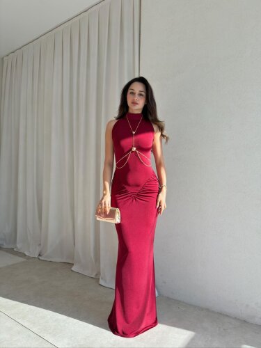  TOMY Aksesuarlı Maxi Elbise 1698 - Bordo - Mooi Butik