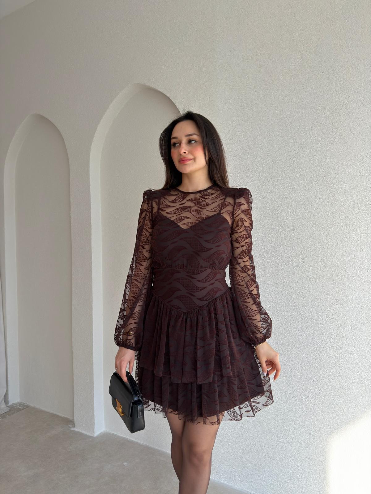 TRACY Dantelli Mini Elbise 9843 - Acı Kahve