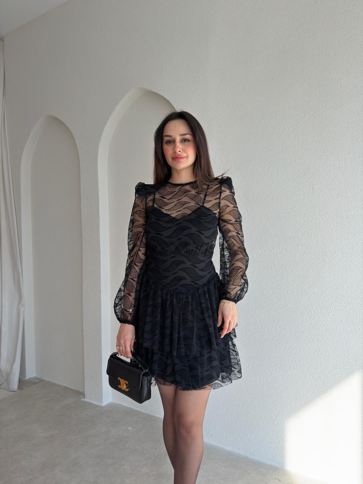 TRACY Dantelli Mini Elbise 9843 - Siyah