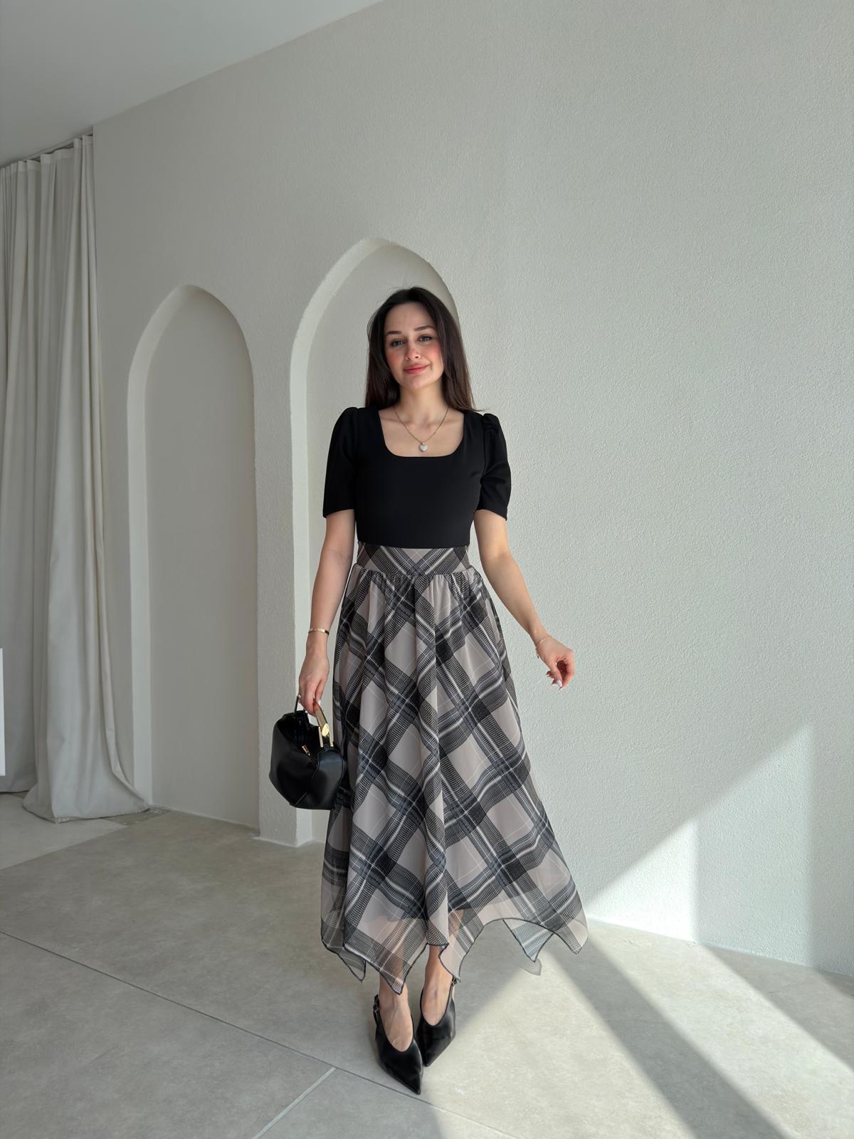 TWEED Ekose Detaylı Elbise 9070 - Gri