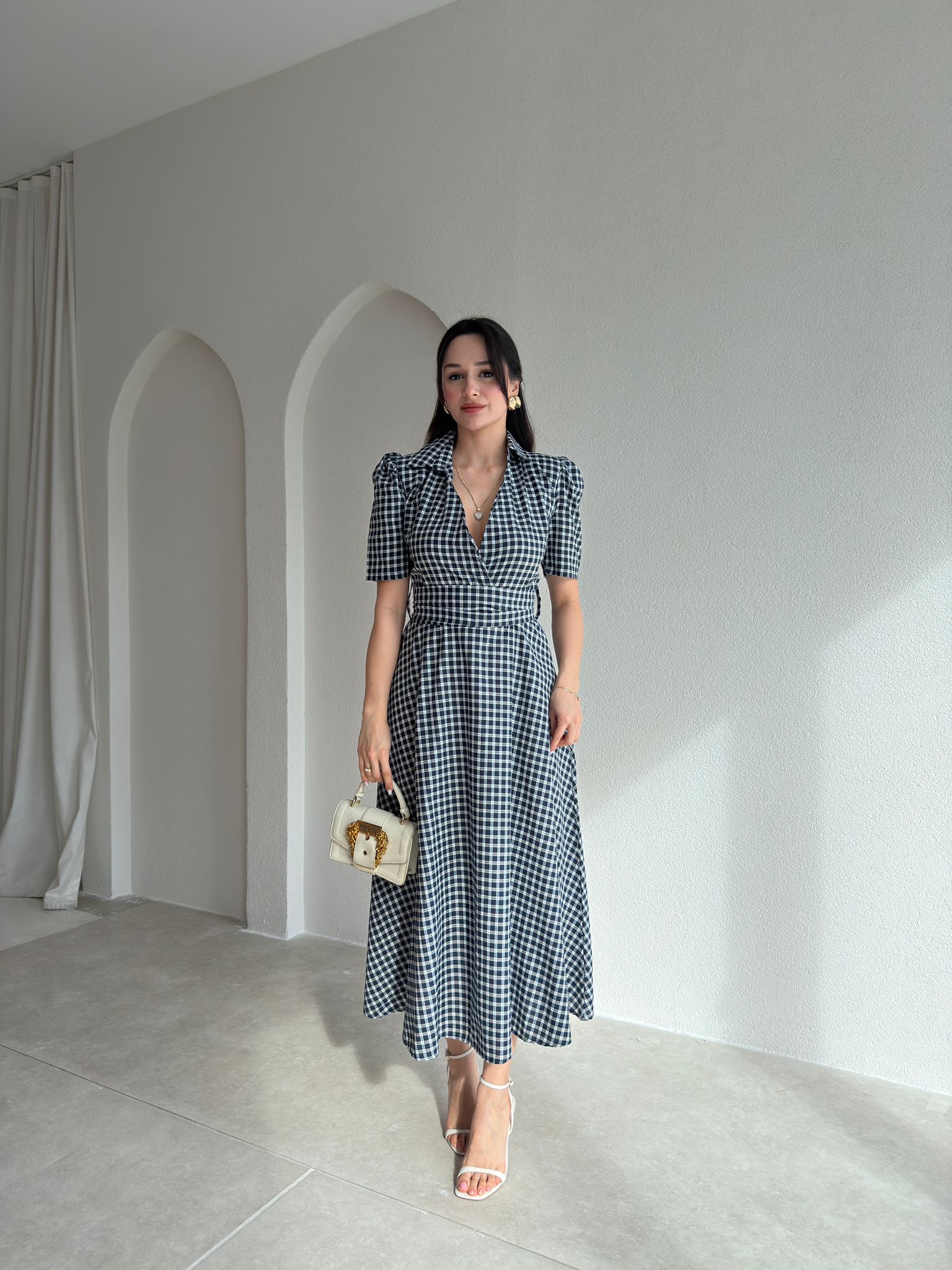 VALENCİA Ekoseli Midi Elbise 8996 - Lacivert