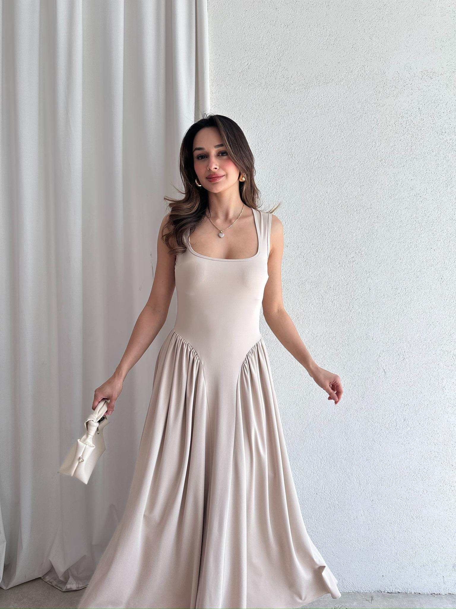 VENTUR Maxi Elbise 6347 - Krem