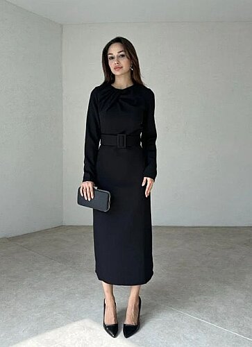 VİOLA Kemerli Midi Elbise 1009 - Siyah - Mooi Butik