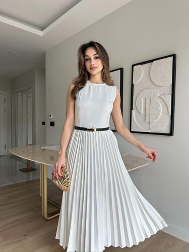 VOVİA Midi Elbise 8777 - Beyaz - Mooi Butik