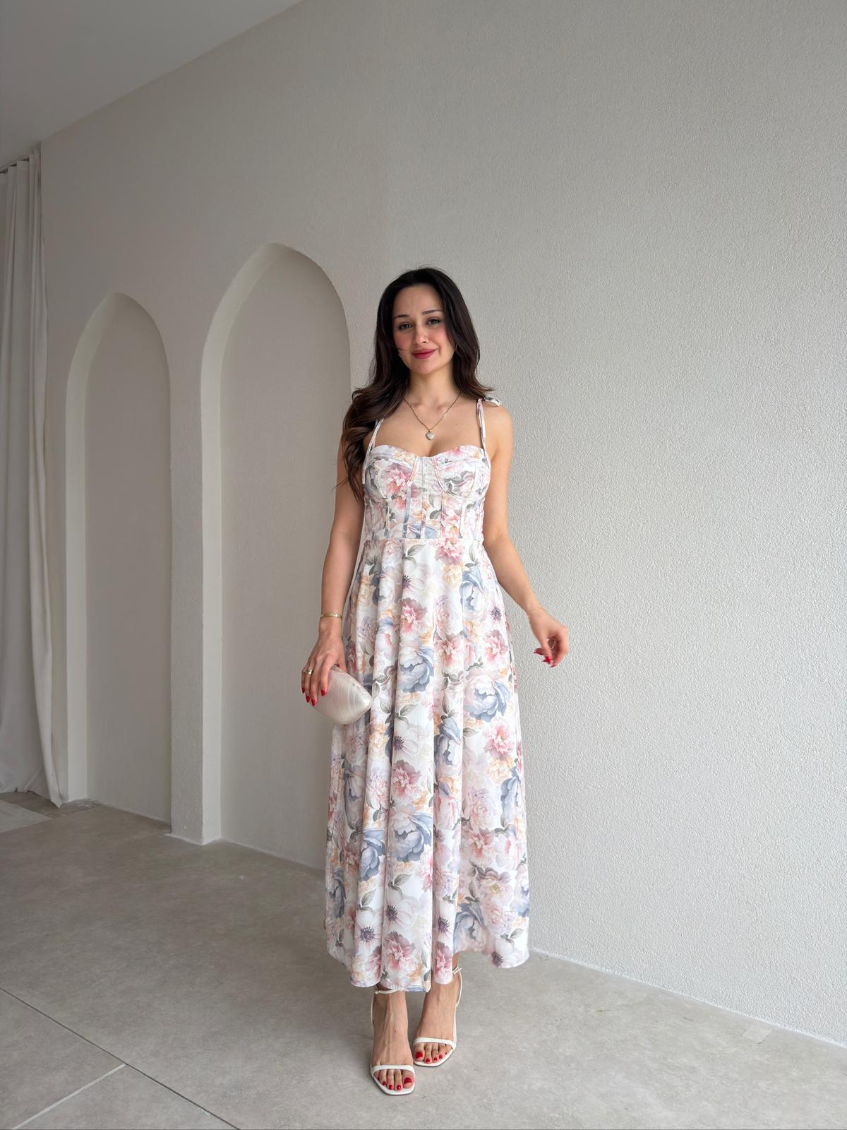 WARRİOR Çiçek Desenli Maxi Elbise 5481- Pudra