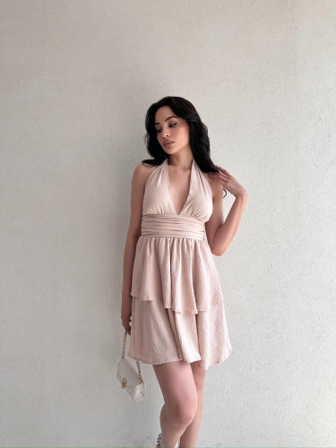 WARSHEL Mini Elbise 2872 - Vizon - Mooi Butik