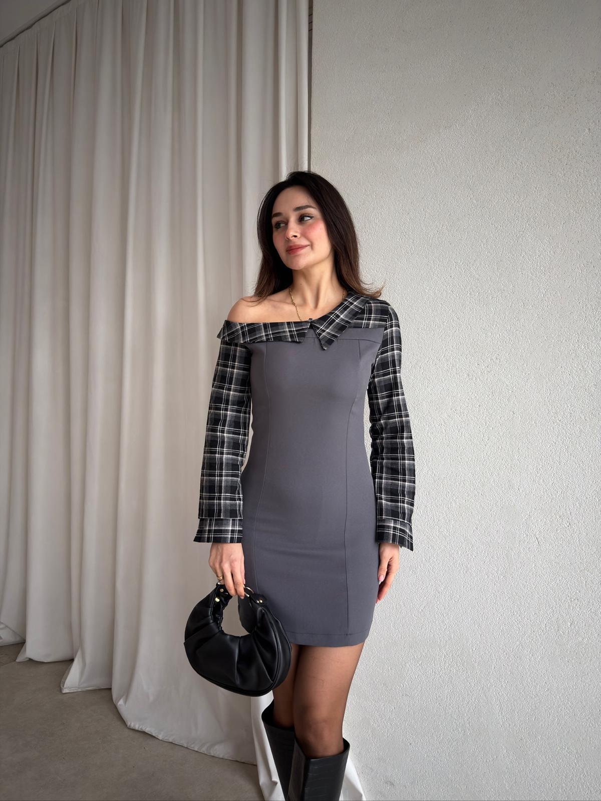 WHİSPER Ekose Yakalı Elbise 8110 - Füme