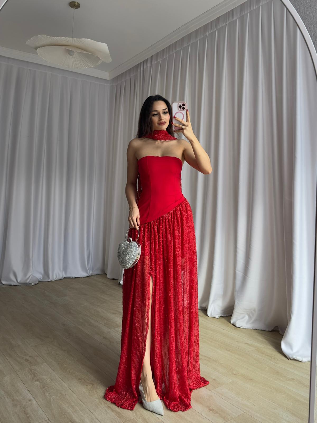 WİLLY Şallı Maxi Elbise 8673 - Kırmızı