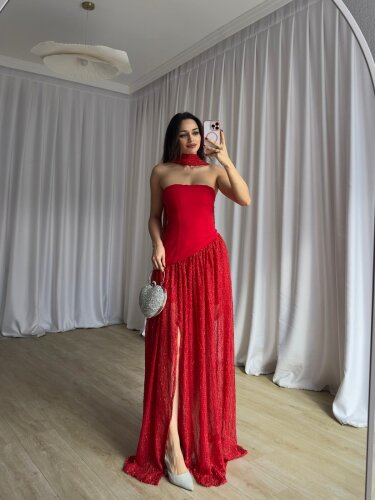 WİLLY Şallı Maxi Elbise 8673 - Kırmızı - Mooi Butik